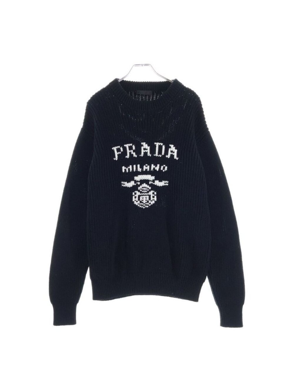 Prada Logo Cotton Crew Neck Knit Sweater Black